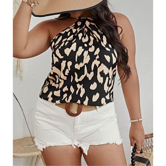 Shein Curve Halter Top Sleeveless Size 1X 14 Twist Neck All Over Animal Print - Picture 2 of 11